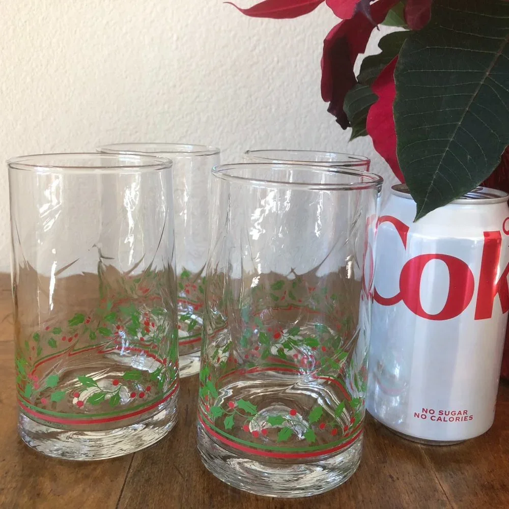 Vtg Set 4 ARBY Christmas Holiday Glass Holly Berry Drinking Glasses ARBY'S 1980s